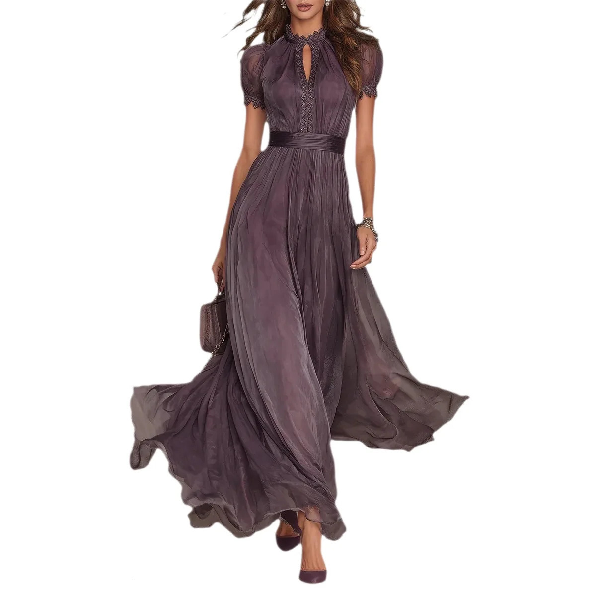 Vestidos De Mujer Casuales Round Neck Short-sleeved Lace Waist Hem Ruffled Temperament Dress Women Summer Elegant Long Dress 260428
