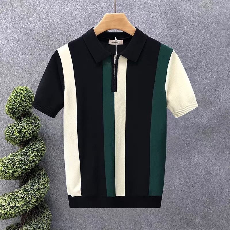 Designer Short-sleeved Shirt - Luxurious Men's T-shirt - High-end High-neck Short-sleeved Silk-knit Polo Shirt - Color-block Striped Fashionable 
