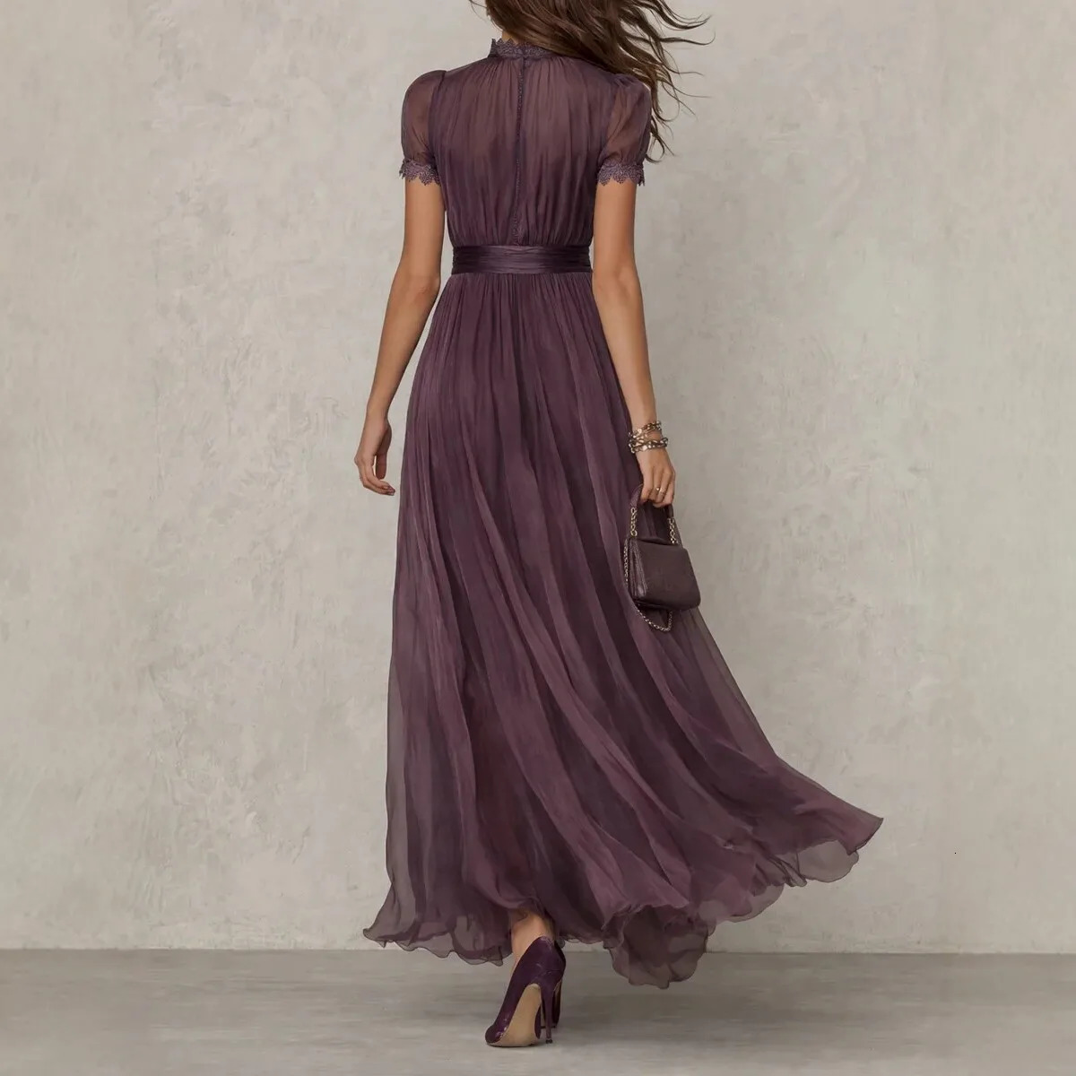 Vestidos De Mujer Casuales Round Neck Short-sleeved Lace Waist Hem Ruffled Temperament Dress Women Summer Elegant Long Dress 260428