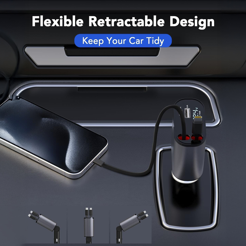 120W 4 Port Car Charger with Extension Cable USB C PD QC3.0 Fast Charging Car Adapter for Phone and Tablet