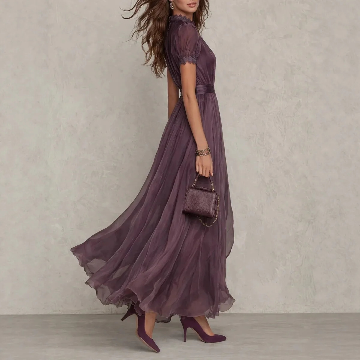 Vestidos De Mujer Casuales Round Neck Short-sleeved Lace Waist Hem Ruffled Temperament Dress Women Summer Elegant Long Dress 260428