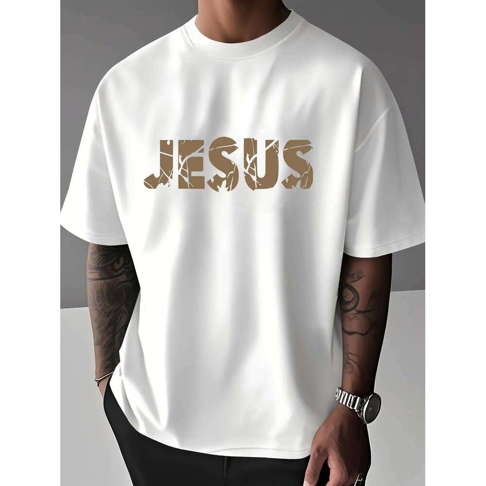 Summer Christian Style Jesus Cross Pattern Printed Short-sleeved 100% Cotton Men's T-shirt with Faith Theme Loose and Trendy Top 26L0505 - view 5