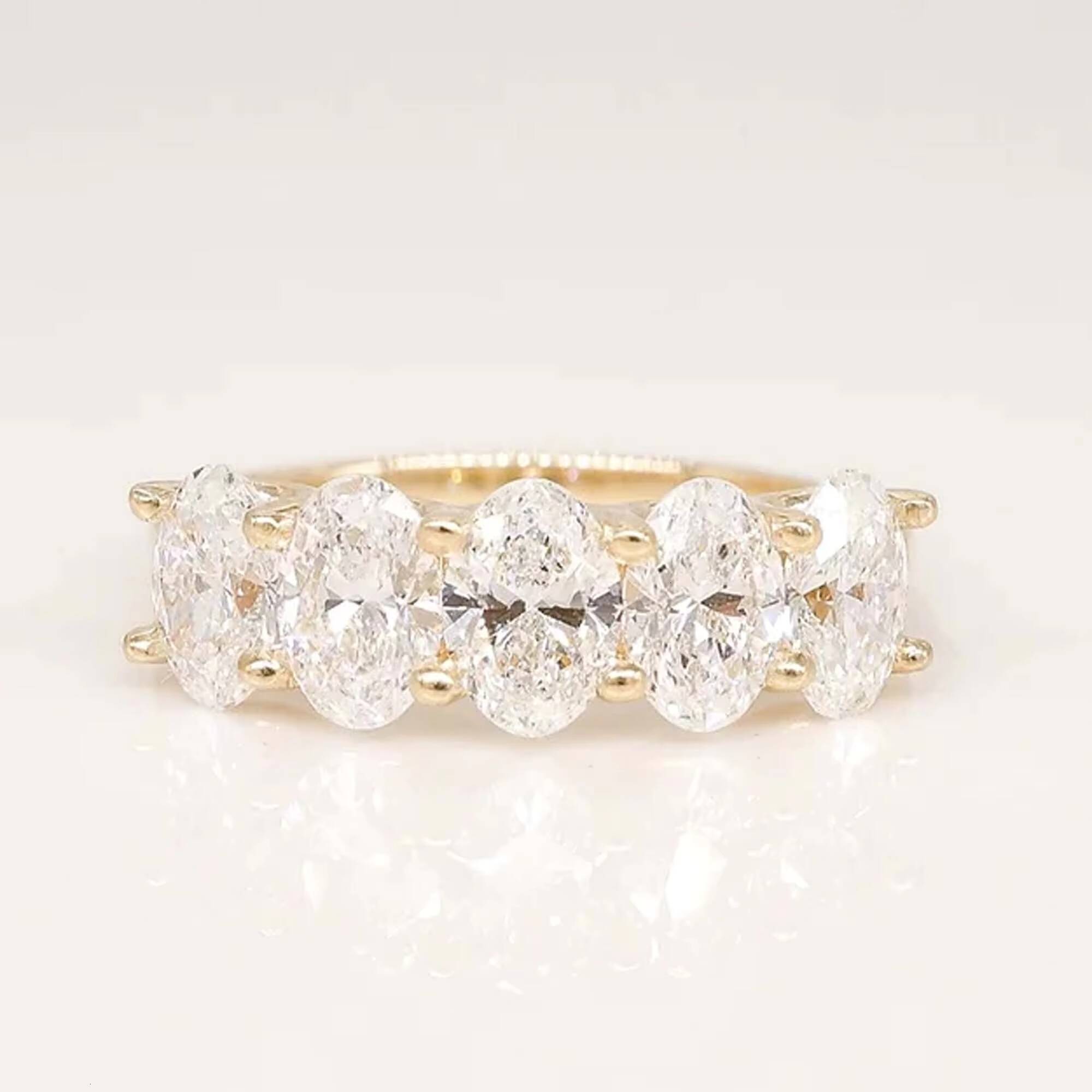 Oval Moissanite Band Five Stone Moissanite Wedding Band 64 mm Oval Cut Moissanite Engagement Ring 14k Yellow Gold Diamond Band - view 3