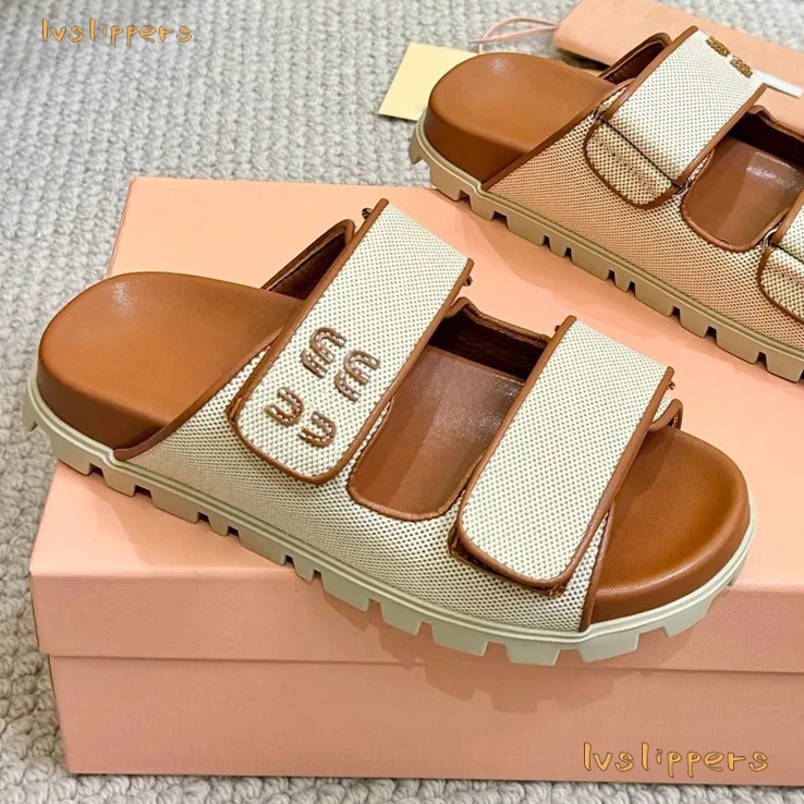 Designer Sandal Canvas Strap Slide Platform Wedge Woven Clog Slipper Flat Comfort Mules Beach House Pool Two Straps Women Size 35-42