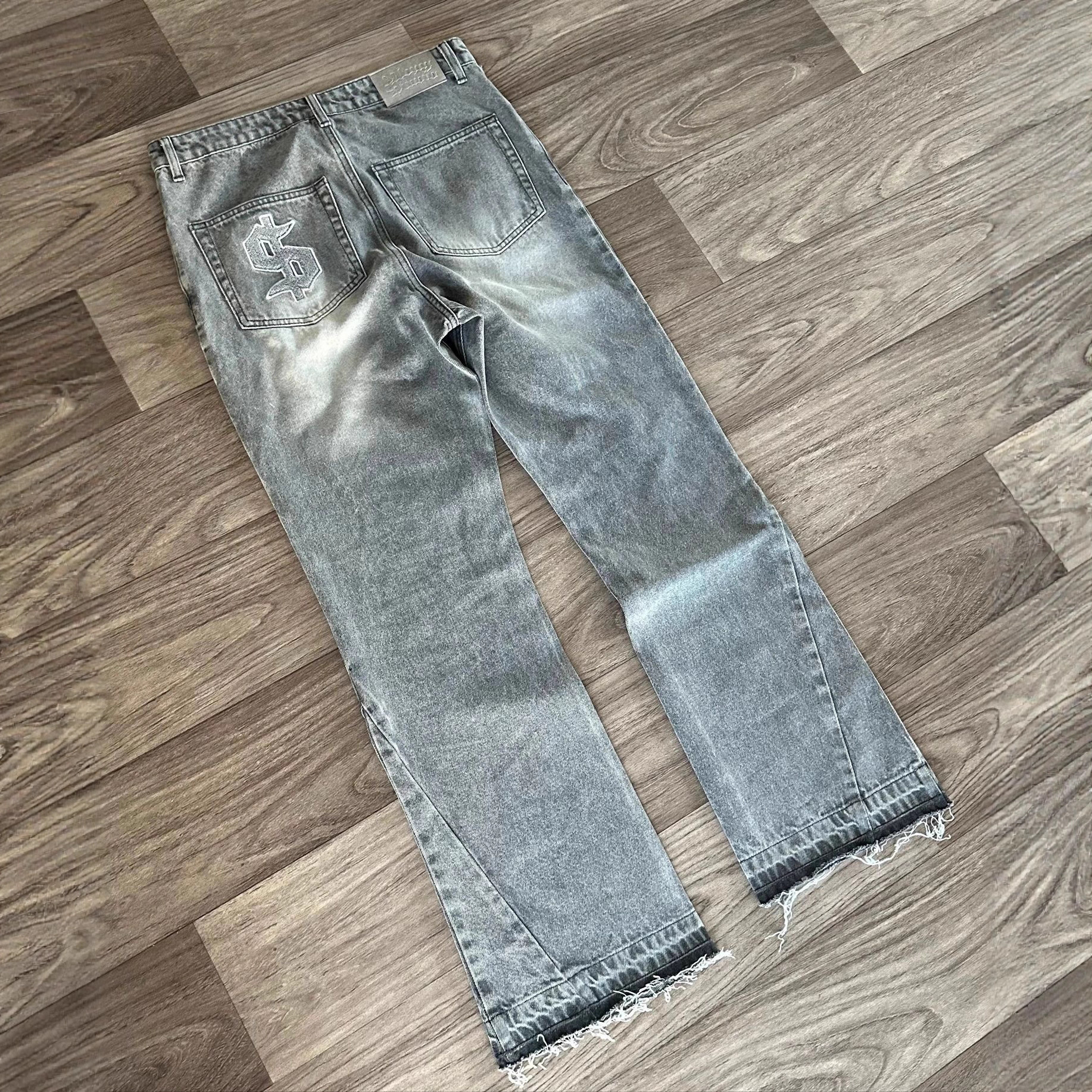 Luxurious Brand Designer Trendy Retro High Street Washed Distressed Frayed Denim Pants - Unique Streetwear Casual Straight-leg Pants - view 3