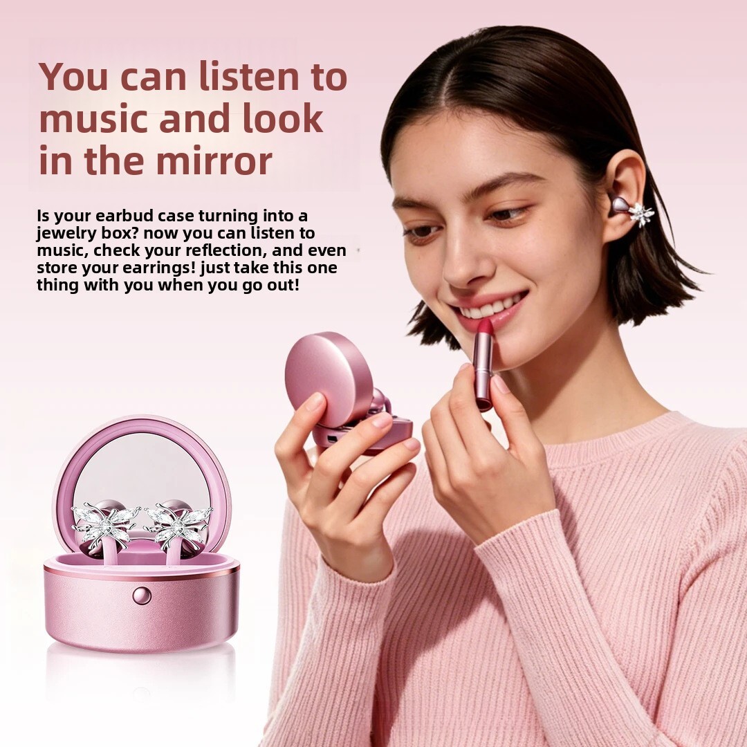 Wireless Ear Clip Designer Headphones Butterfly Ear Ornament Heart Shaped Charging Case With Makeup Mirror High Appearance Level Fashion Wireless Blue