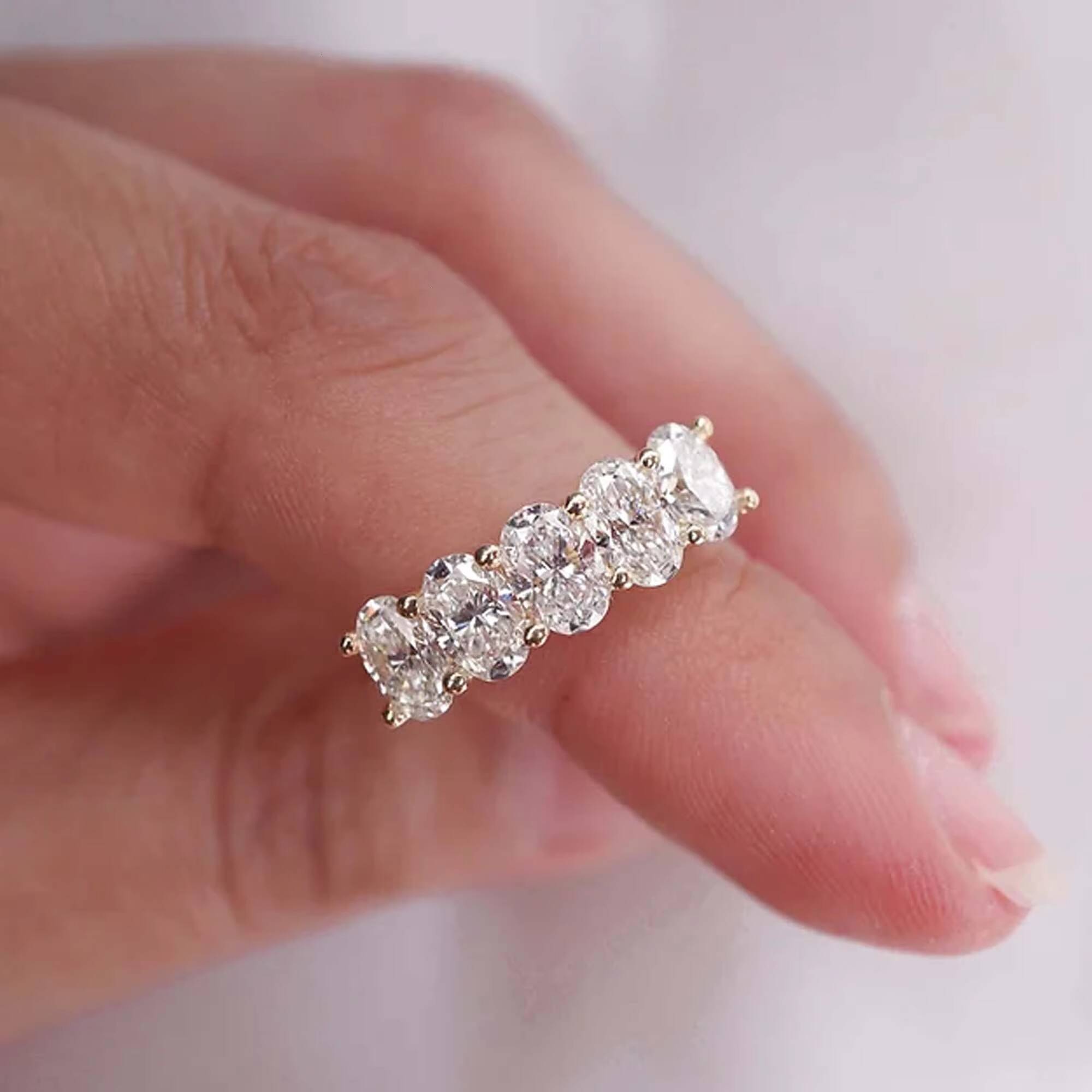 Oval Moissanite Band Five Stone Moissanite Wedding Band 64 mm Oval Cut Moissanite Engagement Ring 14k Yellow Gold Diamond Band - view 5