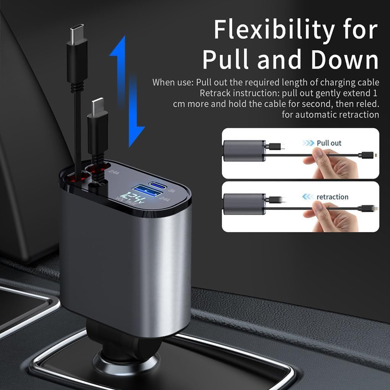 120W 4 Port Car Charger with Extension Cable USB C PD QC3.0 Fast Charging Car Adapter for Phone and Tablet