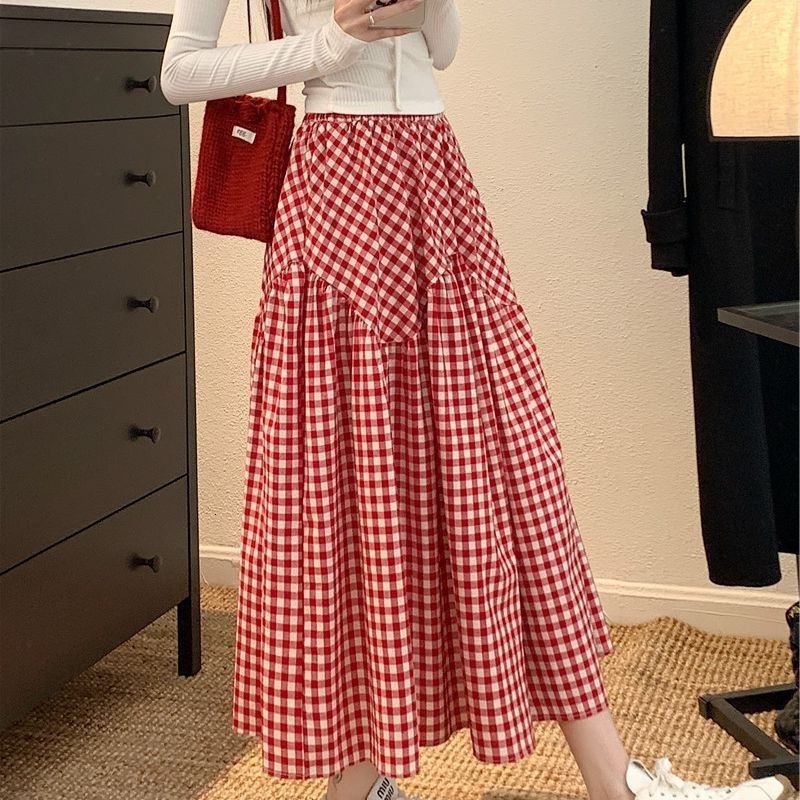Plaid high-waisted A-line skirt for women new versatile slimming casual mid-length skirt 250311