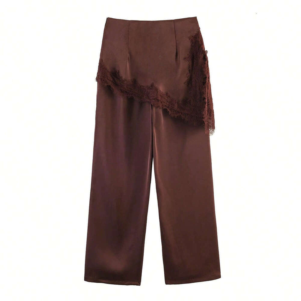 Cross-Border Women's Fashion European American High-Waisted Wide-Leg With Lace Splicing, Loose And Drapey Casual Trousers, New Spring Versatile P