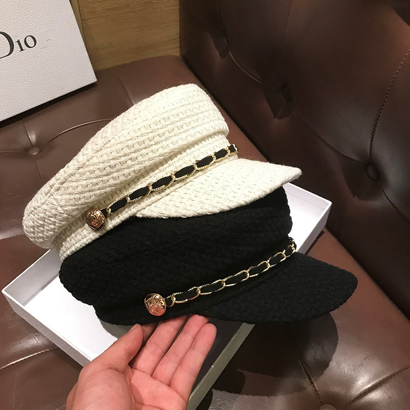 British flat top octagonal hat for women, Japanese autumn and winter new collection, retro fashion chain duckbill hat, Korean version navy beret