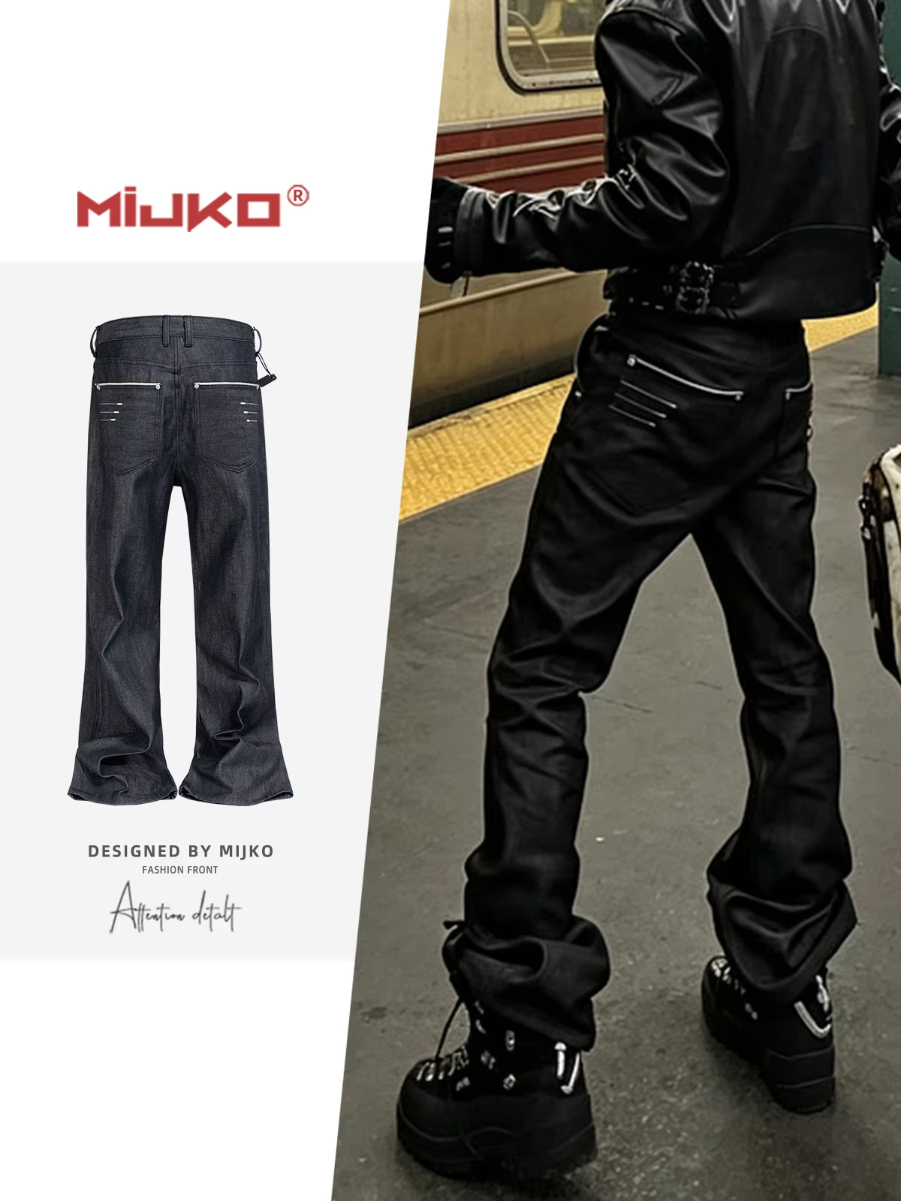 MIJKO Flared Raw Denim Unisex Jeans Washed Wide Leg Dark Blue Leather Patch Long Pants TJ180