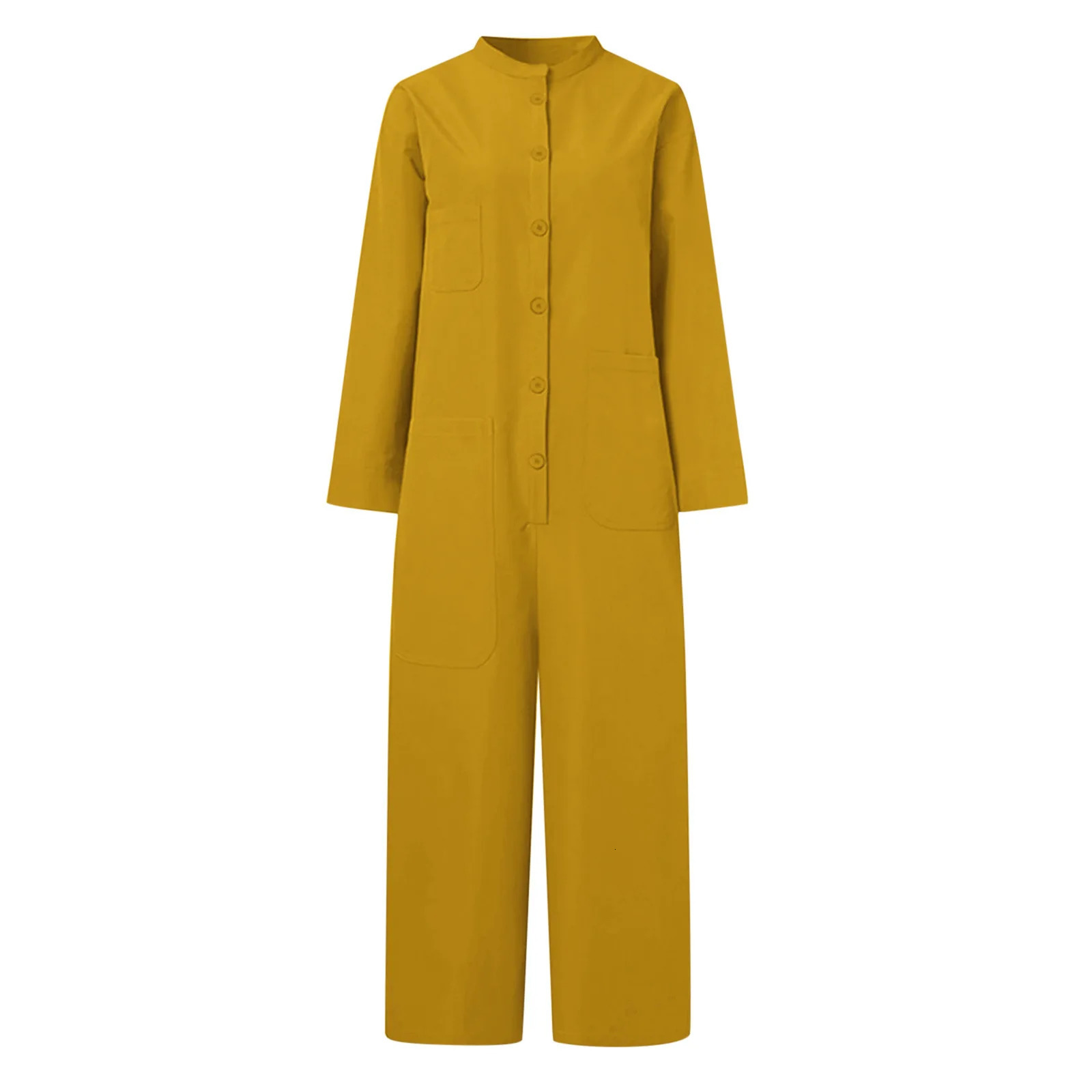 Solid Color Casual Loose Pocket Jumpsuit Women Fall Simple Long Sleeve Shirt Female Vacation Rompers Fashionable Streetwear 260506