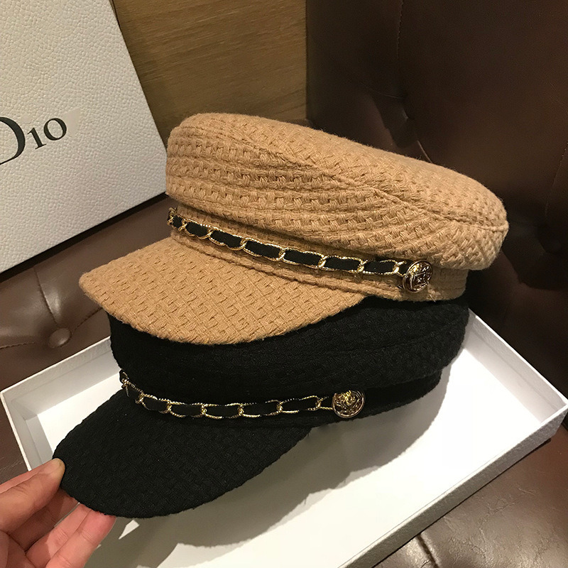 British flat top octagonal hat for women, Japanese autumn and winter new collection, retro fashion chain duckbill hat, Korean version navy beret