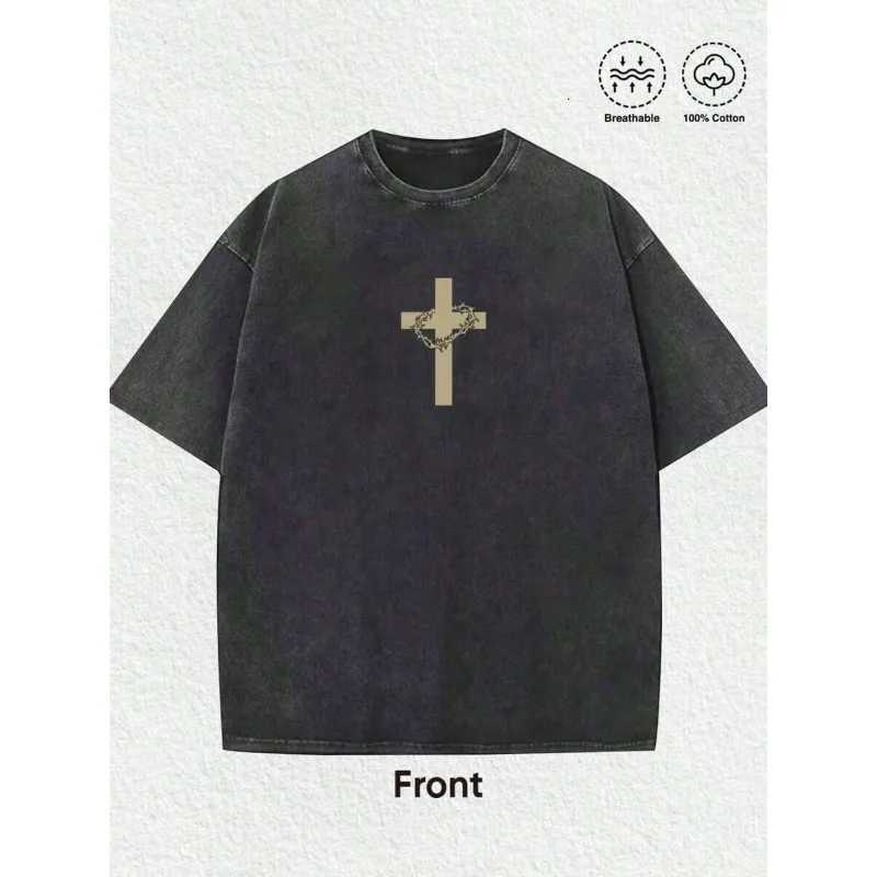 Mens Religious Graphic Tee - Jesus Crown of Thorns Oversized Cotton T-Shirt Casual StreetwearT260504 - view 5
