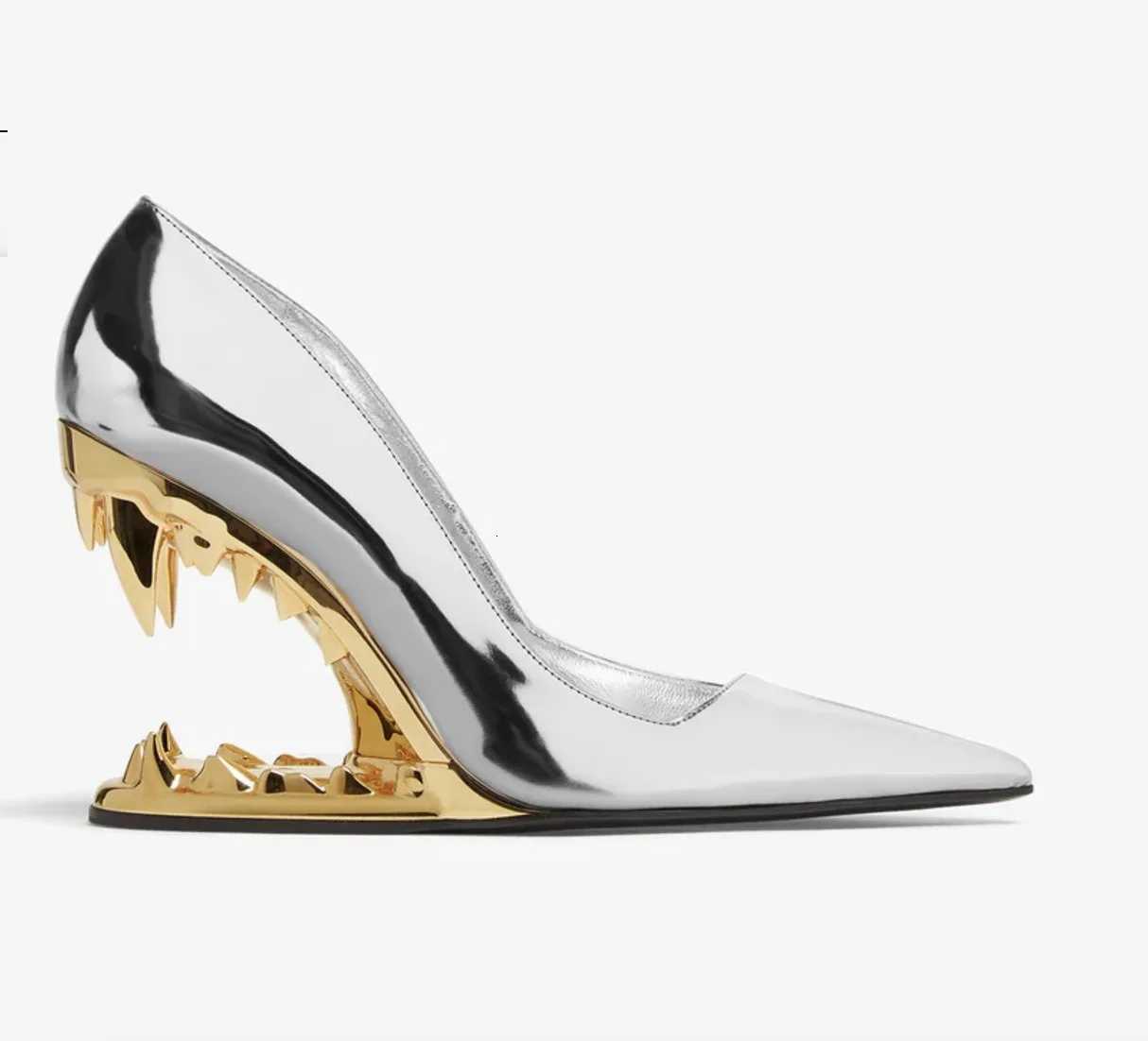2026 Summer New Metal Tiger Teeth Single Shoes High Heels Fashion Show Womens Wear Size 44 Womens Sandals H260506