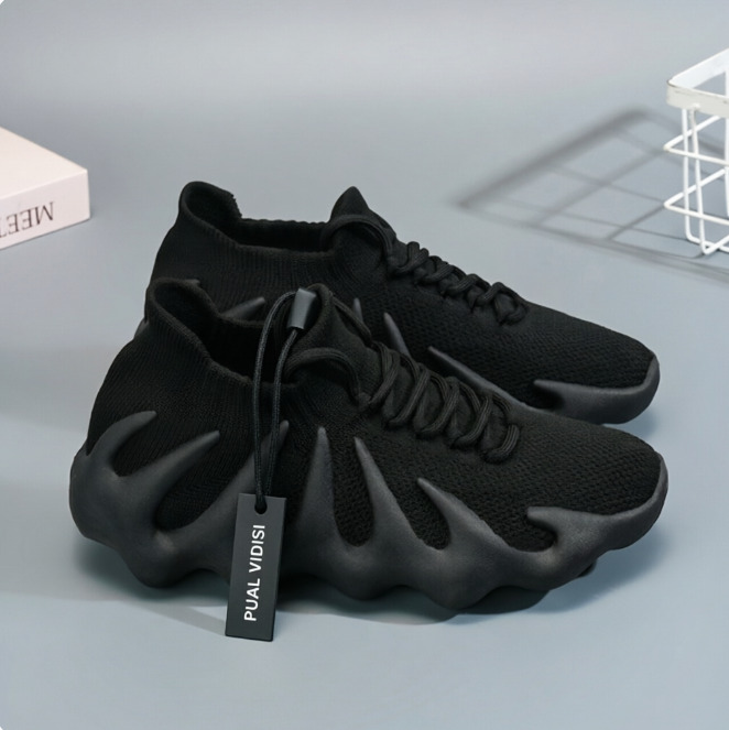 Womens All Black Breathable Knit Running Shoes With Unique Sole