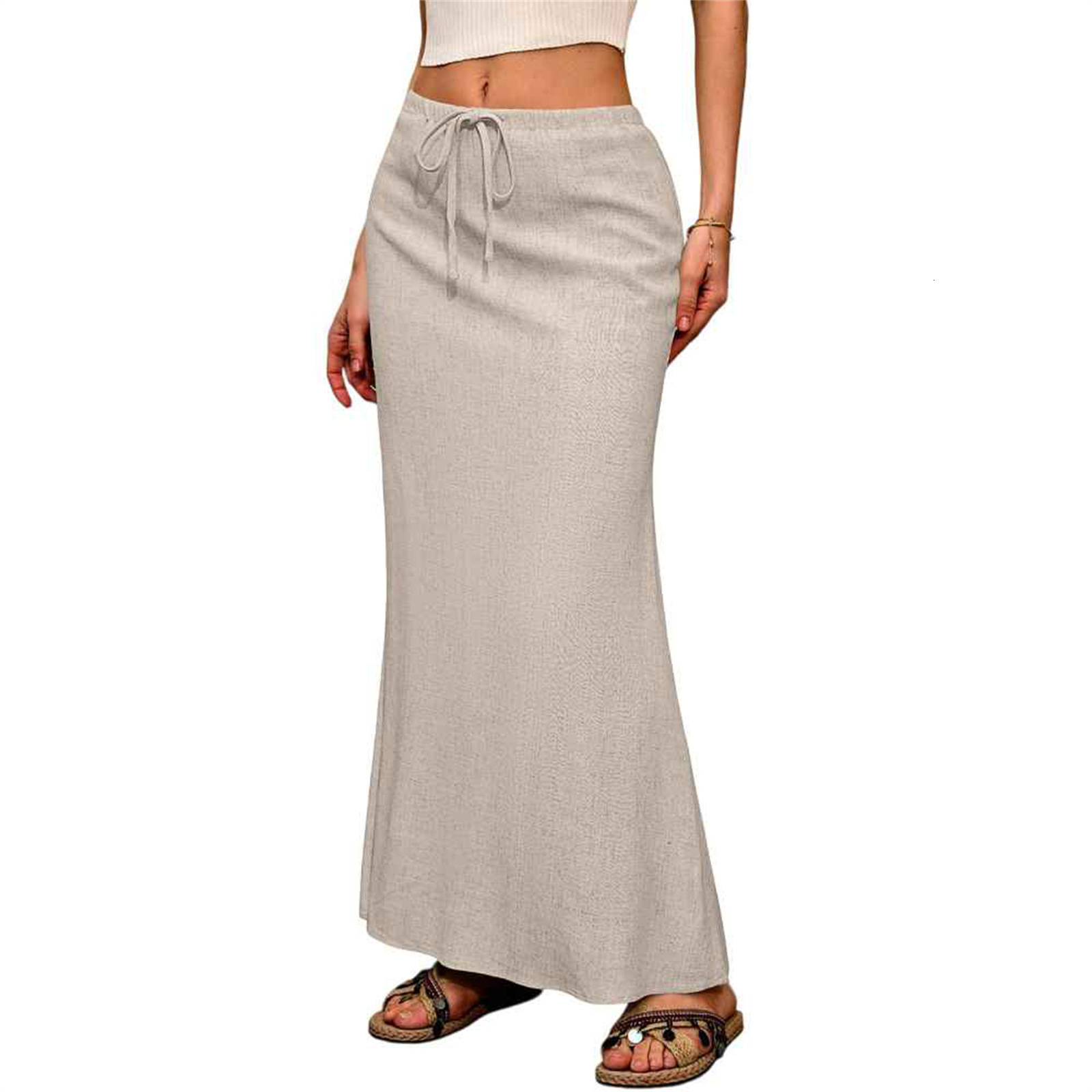 Solid Drawstring Waist Side Shirring Skirt Casual Asymmetrical Ankle Skirt Womens Clothing 240806 - view 6