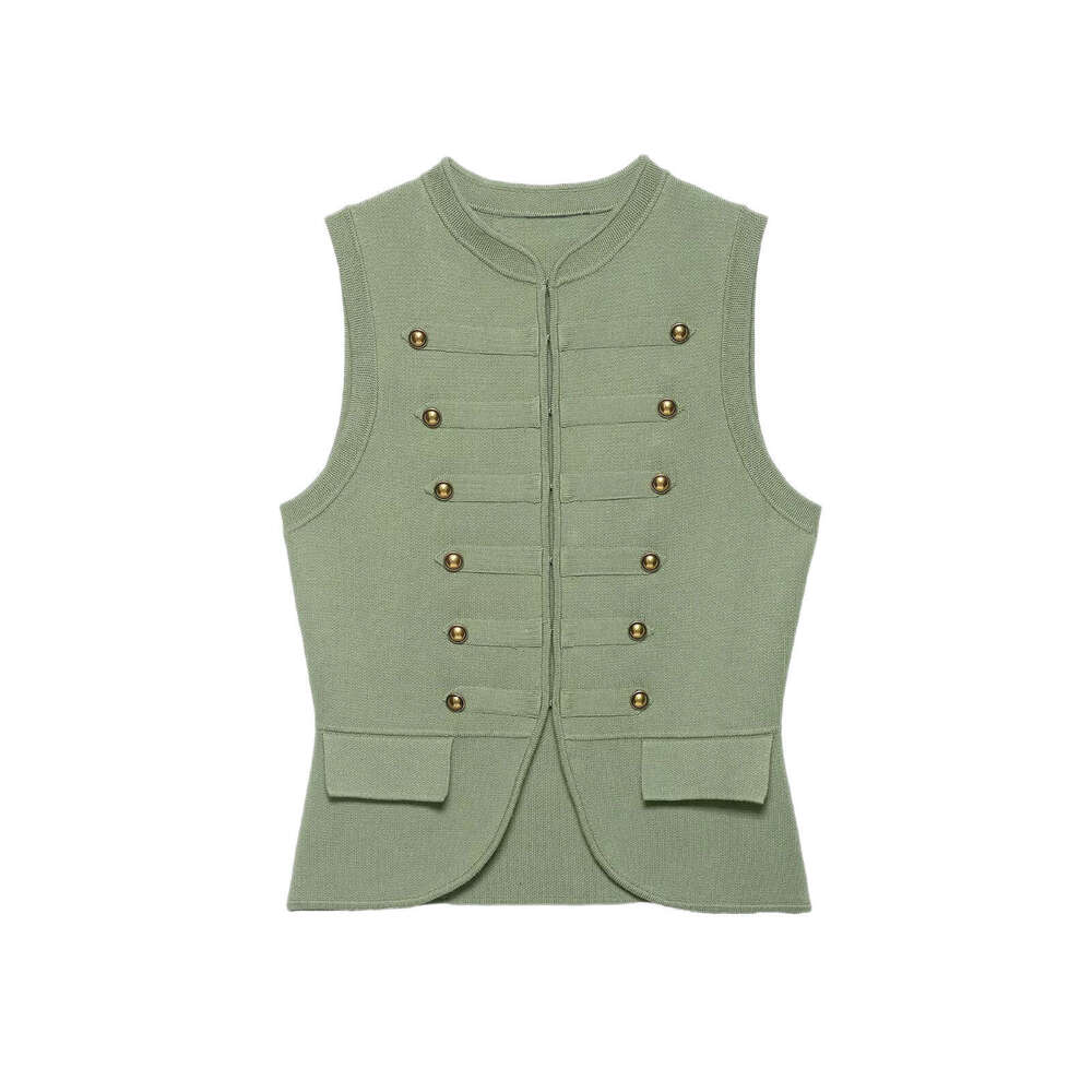 Cross-Border Women's New Summer Fashion European American Style Sleeveless Knitted With Stand-Up Collar And Double-Breasted Buttons, Stylish Shor