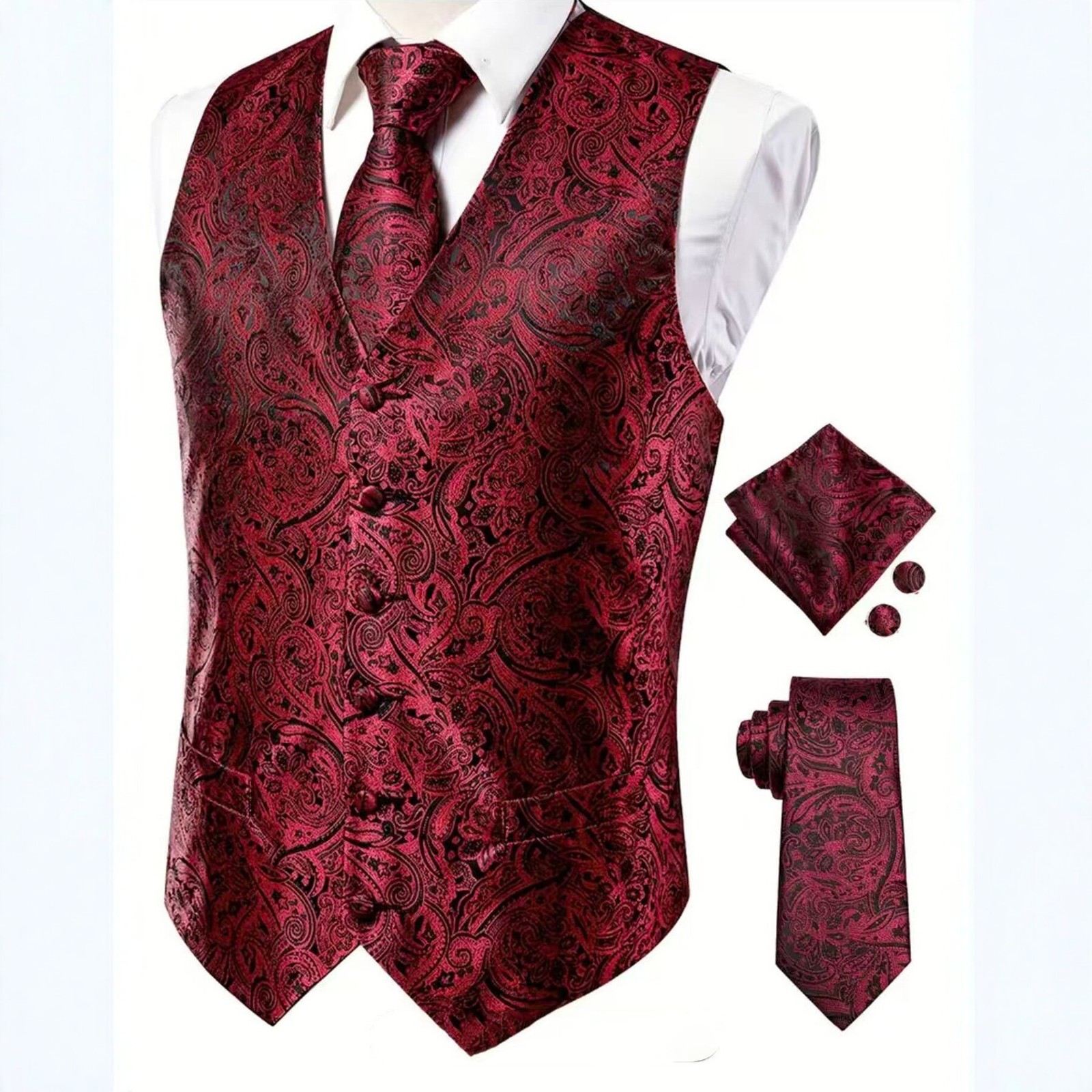 Hi-Tie Navy Blue Mens Vest Formal Silk Paisley Waistcoat Jacket Tie Handkerchief Cufflinks Set For Male Dress Suit Wedding Party 240615