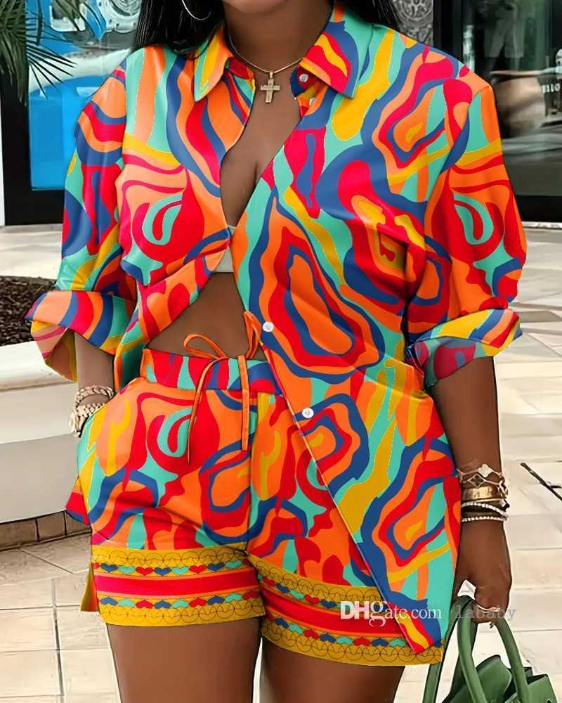 Plus Size S-3XL Designer Tracksuit Women Summer Fashion Two Piece Set Printed Long Sleeve Polo Neck Shirt And Loose Shorts 2pcs Suit Outfits 19 Styles
