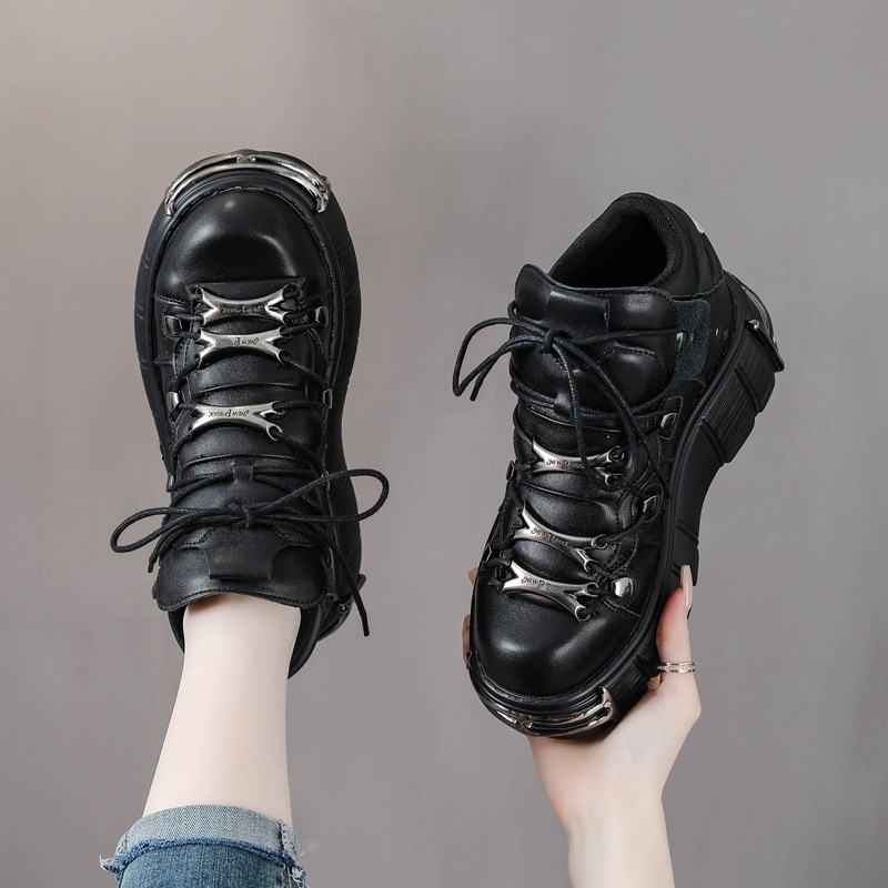 New 2026 NEW Style Women Lace-Up Heel Height 6Cm Platform Shoes Gothic Ankle Rock Boots Metal Decor Woman Sneakers 36-45