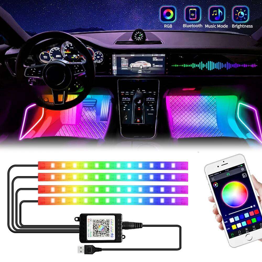 LED Car Interior Ambient Foot Light with USB Wireless Remote Music App Control Auto RGB Atmosphere Decorative Lamps