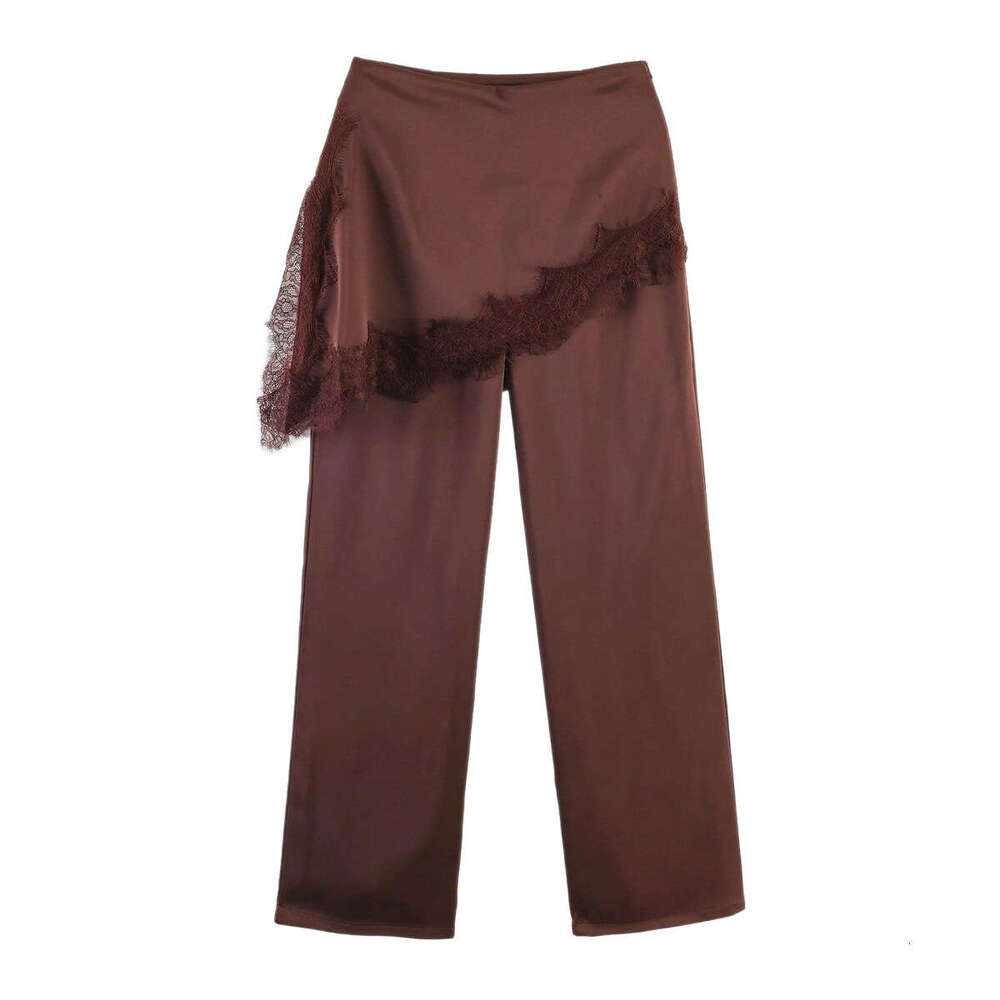 Cross-Border Women's Fashion European American High-Waisted Wide-Leg With Lace Splicing, Loose And Drapey Casual Trousers, New Spring Versatile P