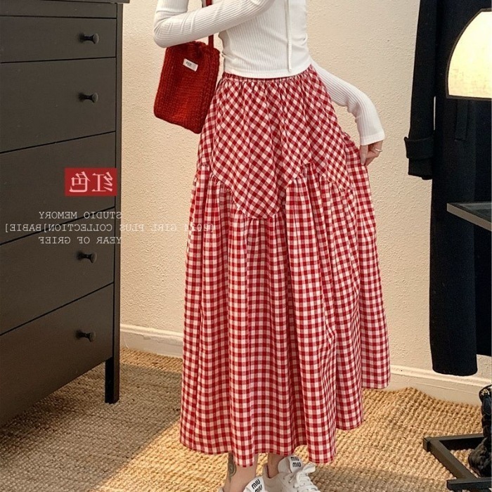 Plaid high-waisted A-line skirt for women new versatile slimming casual mid-length skirt 250311