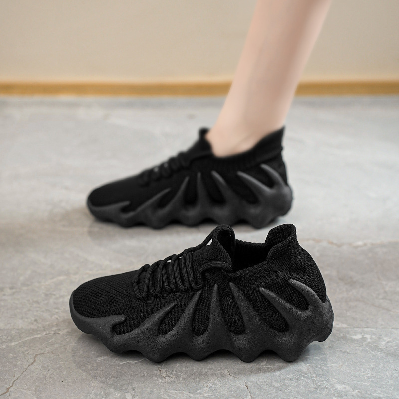 Womens All Black Breathable Knit Running Shoes With Unique Sole