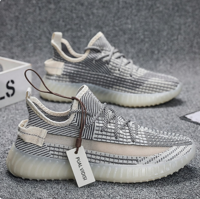 Men's Casual Gray Striped Knit Sneakers With Breathable Upper And Translucent Sole