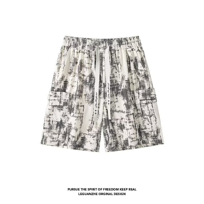 Men's American Tie-Dye Shorts, Ink Wash Style Loose Wide-Leg 5 Inch Pants, Fashion Designer Casual Thin Summer Trousers