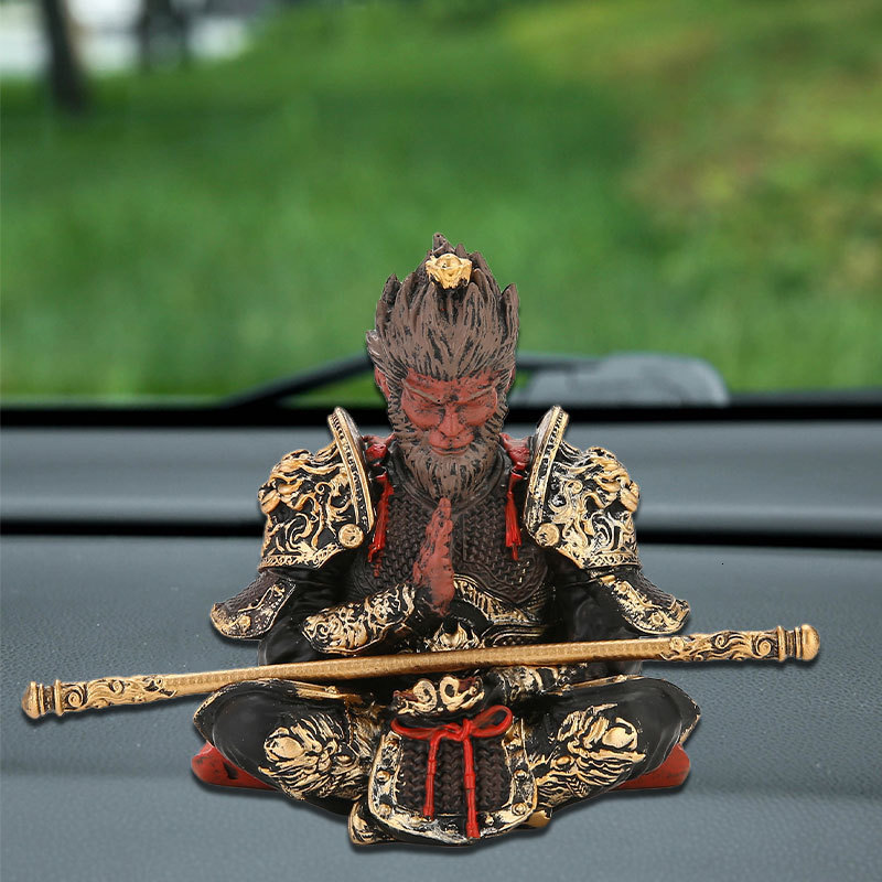 Vibrant Monkey King Figurine - 1 Set Hand-Painted Plastic Car Dashboard Ornament with Golden Hooped Staff 260227