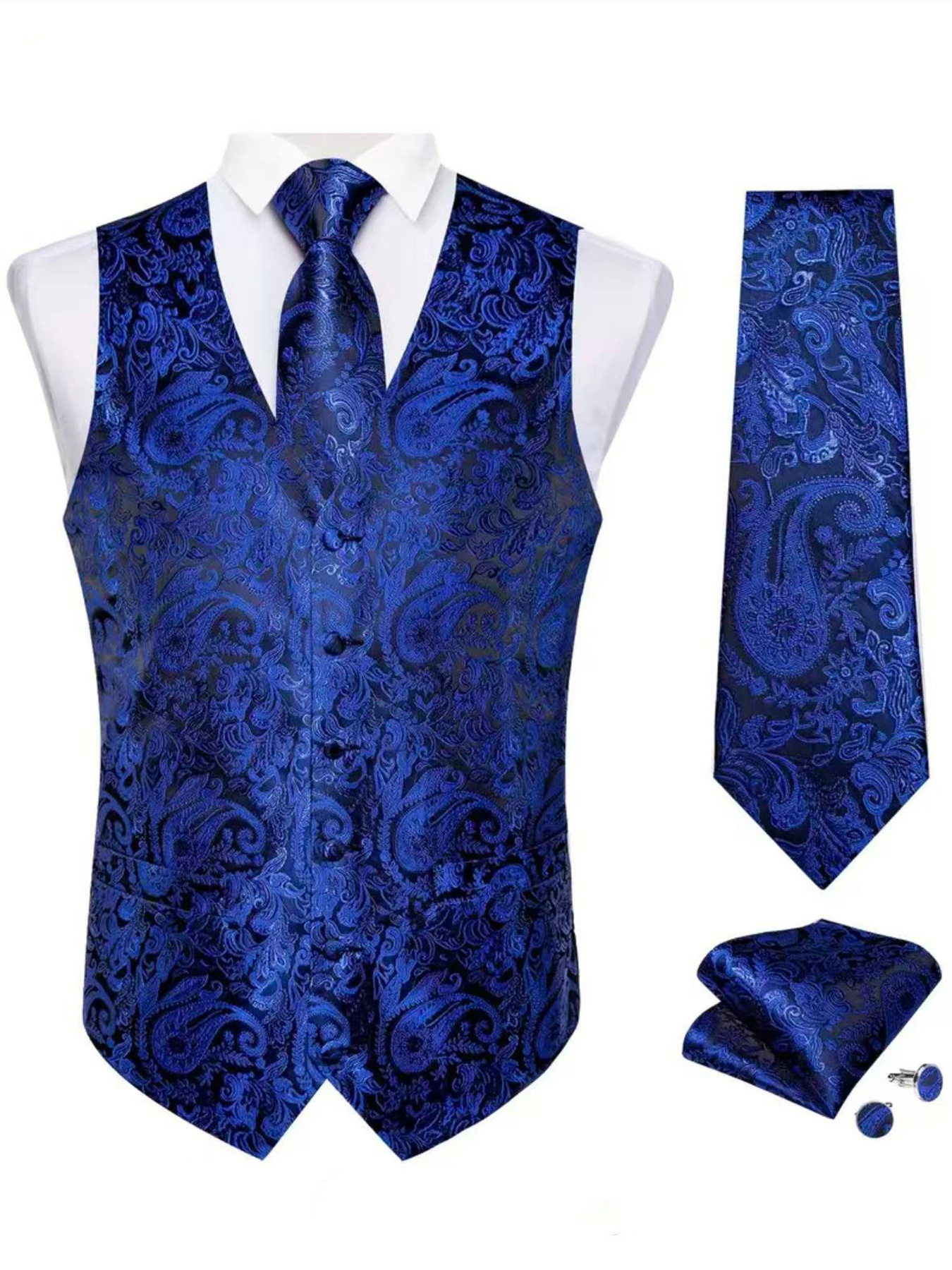 Hi-Tie Navy Blue Mens Vest Formal Silk Paisley Waistcoat Jacket Tie Handkerchief Cufflinks Set For Male Dress Suit Wedding Party 240615