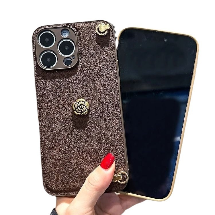 Vintage brown leather camellia case suitable for Apple 16 Pro Max, iPhone 17 crossbody 15 protective cover