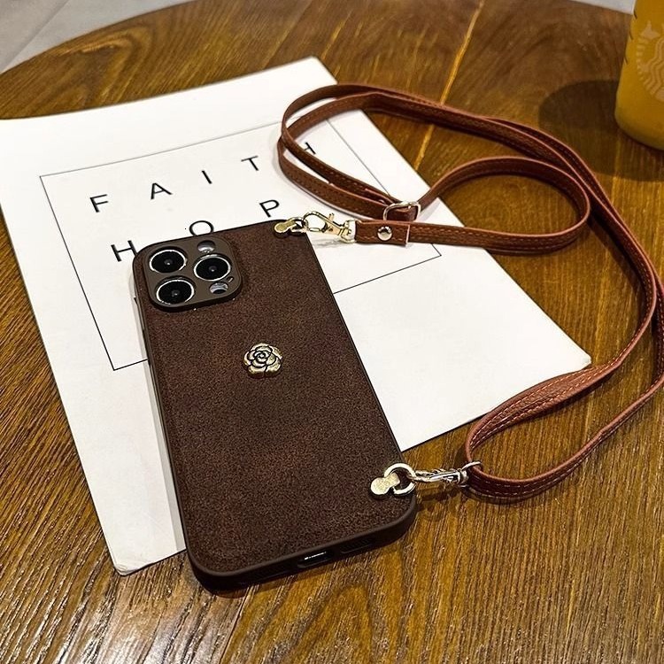 Vintage brown leather camellia case suitable for Apple 16 Pro Max, iPhone 17 crossbody 15 protective cover