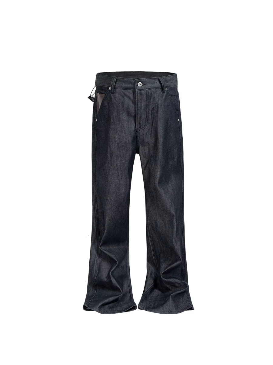 MIJKO Flared Raw Denim Unisex Jeans Washed Wide Leg Dark Blue Leather Patch Long Pants TJ180