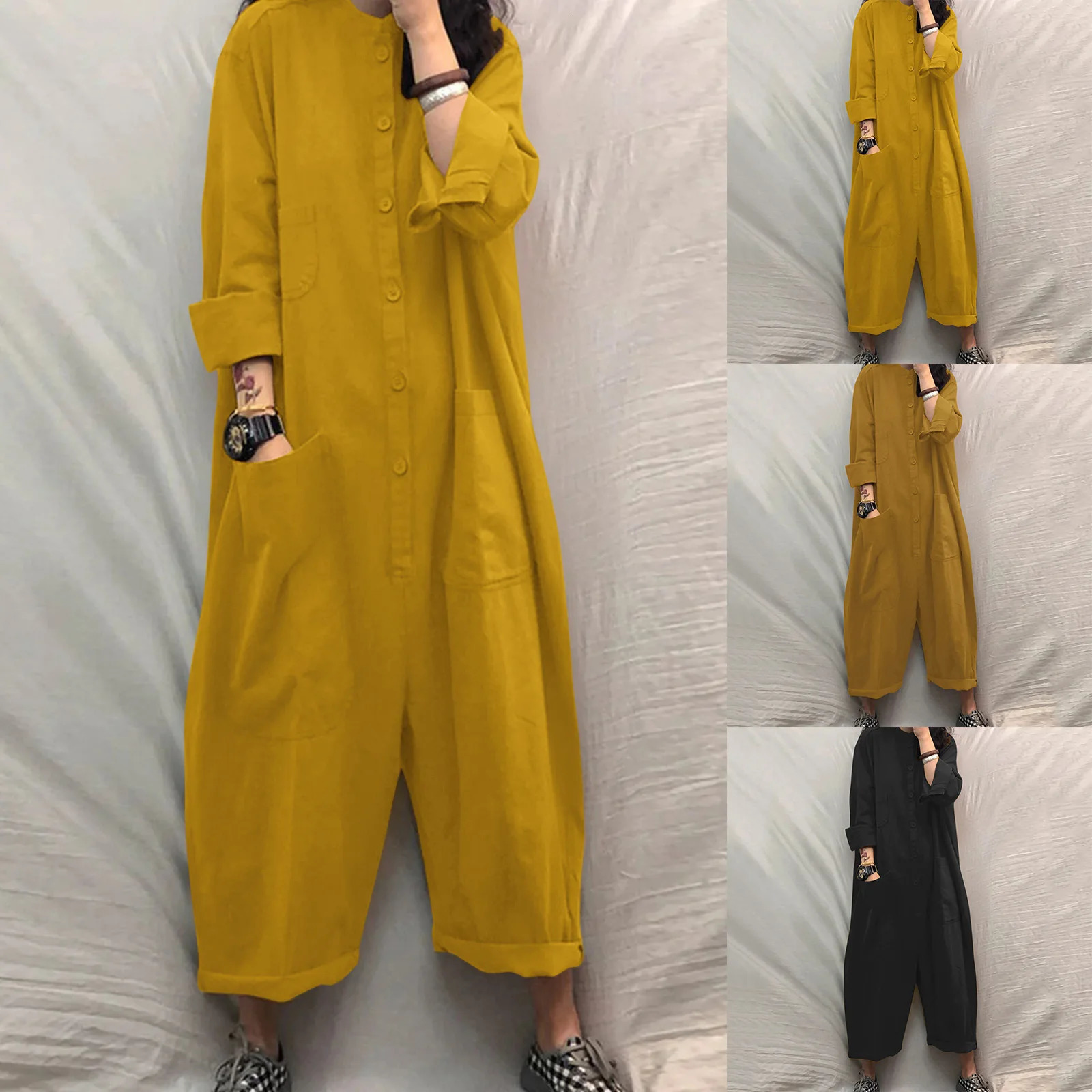 Solid Color Casual Loose Pocket Jumpsuit Women Fall Simple Long Sleeve Shirt Female Vacation Rompers Fashionable Streetwear 260506
