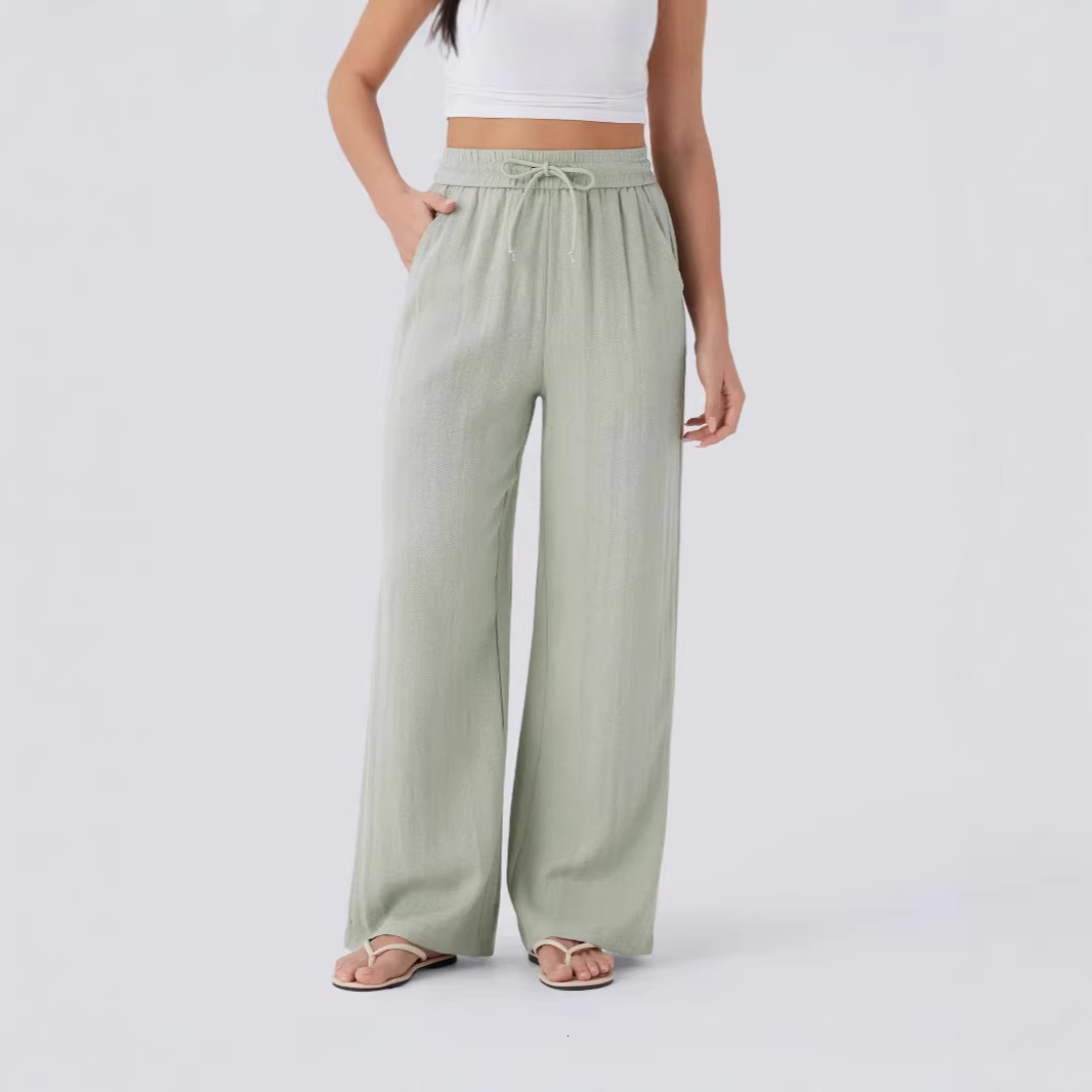 2026 Women High Waist Linen Pants, Drawstring Side Pocket Elastic Waist Flowy Wide Leg Beach Casual Trousers