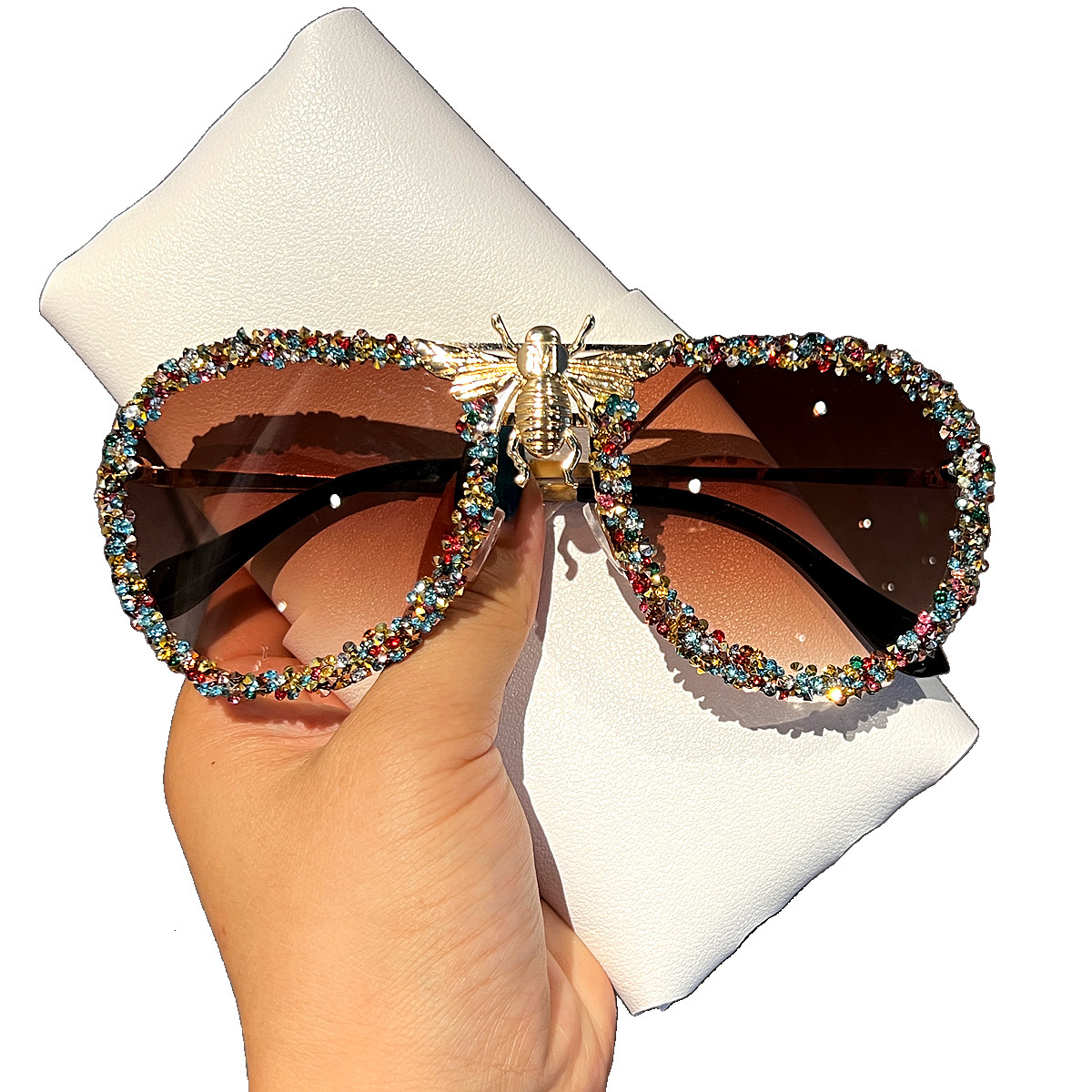 Designer Sunglasses Luxury Style High-end Bee Metal Rhinestone Fashion Large Frame Women Ins Outdoor Cycling Windproof And Sun Protection Trendy Glass