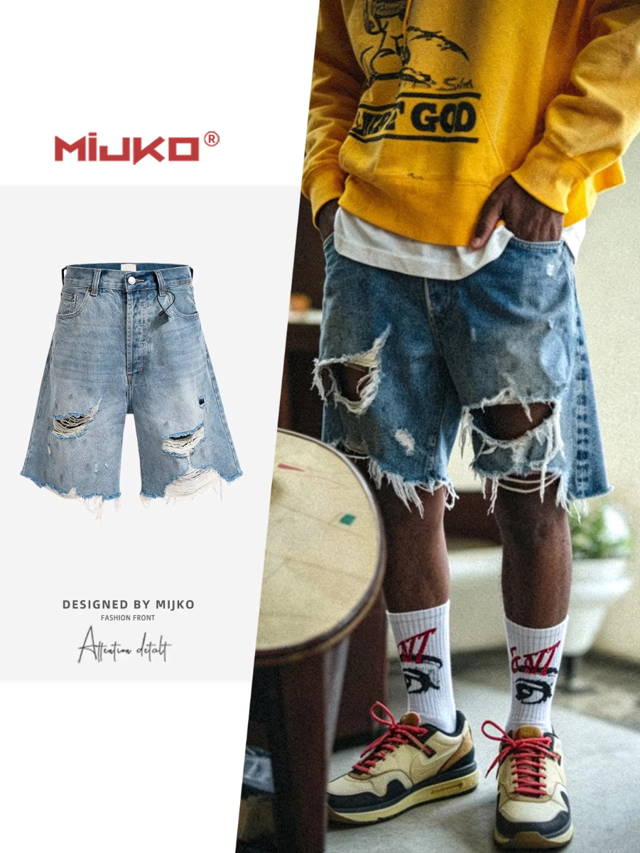 MIJKO Patched Distressed Unisex Frayed Blue Jeans Shorts ZJ148