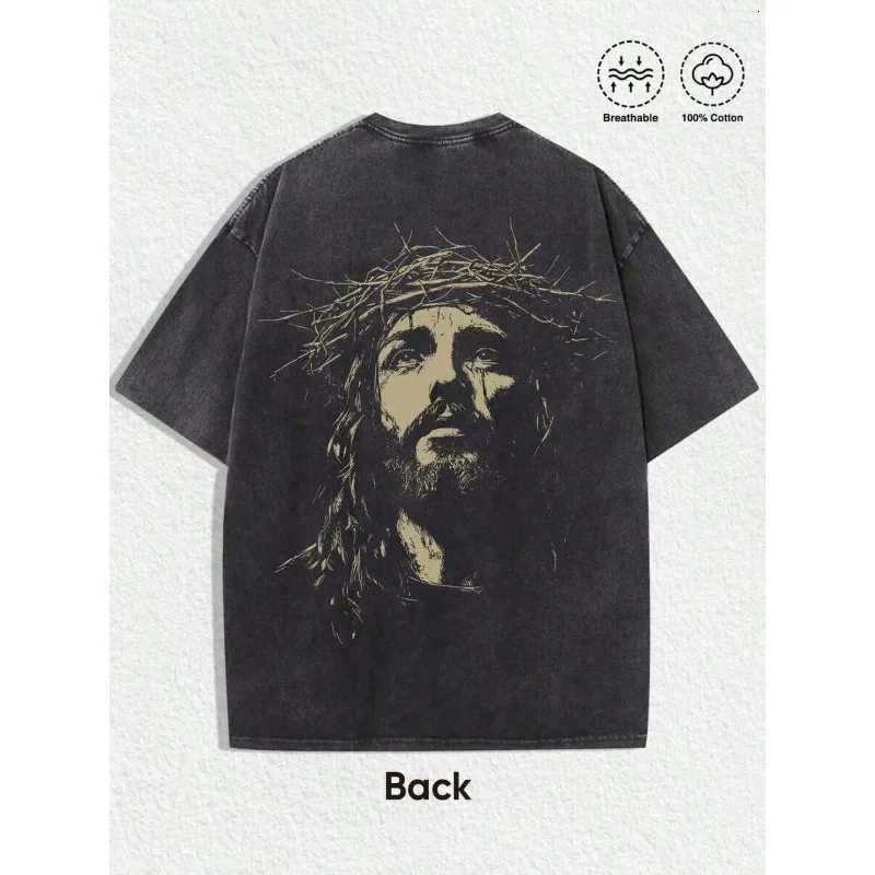 Mens Religious Graphic Tee - Jesus Crown of Thorns Oversized Cotton T-Shirt Casual StreetwearT260504 - view 3