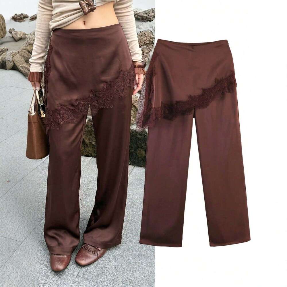 Cross-Border Women's Fashion European American High-Waisted Wide-Leg With Lace Splicing, Loose And Drapey Casual Trousers, New Spring Versatile P