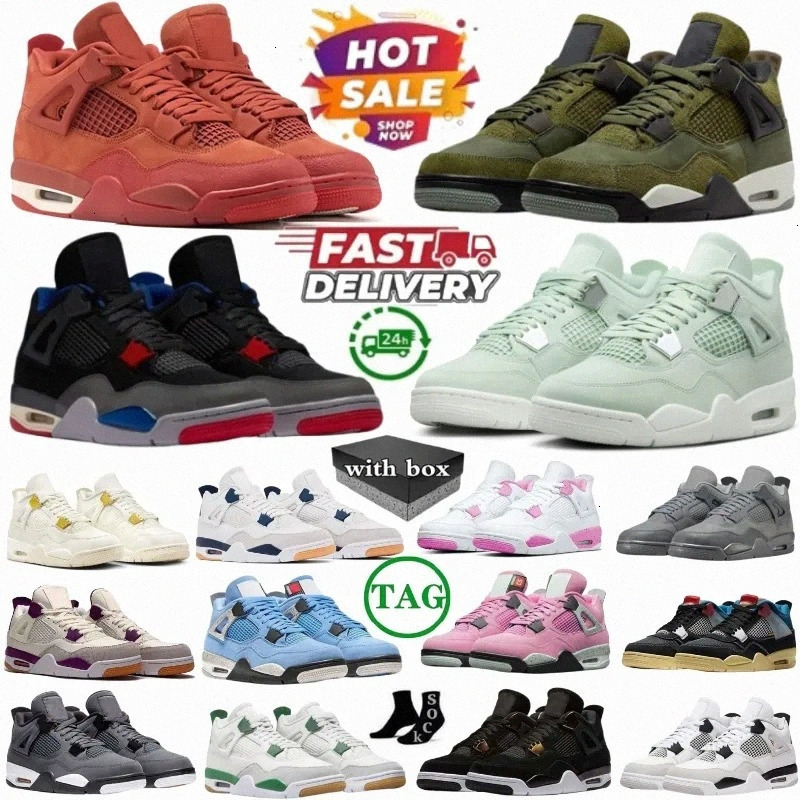 With box 4 Basketball Shoes For Men Women 4s Sneaker Military Black Cat Pine Green Seafoam White Oreo Red Thunder Unc Bred Cacao Medium Olive Sail Men