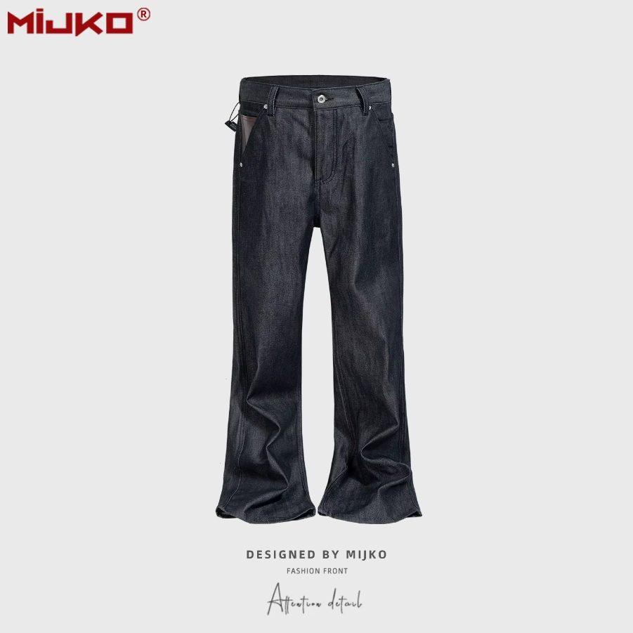 MIJKO Flared Raw Denim Unisex Jeans Washed Wide Leg Dark Blue Leather Patch Long Pants TJ180
