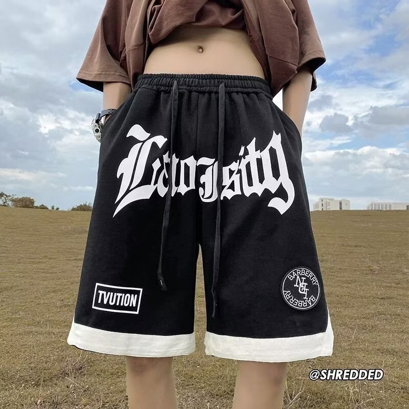 American Letter Basketball Shorts, Men's Thin Loose Streetwear, Plus Size Casual 5 Inch Shorts for Training Running Sports
