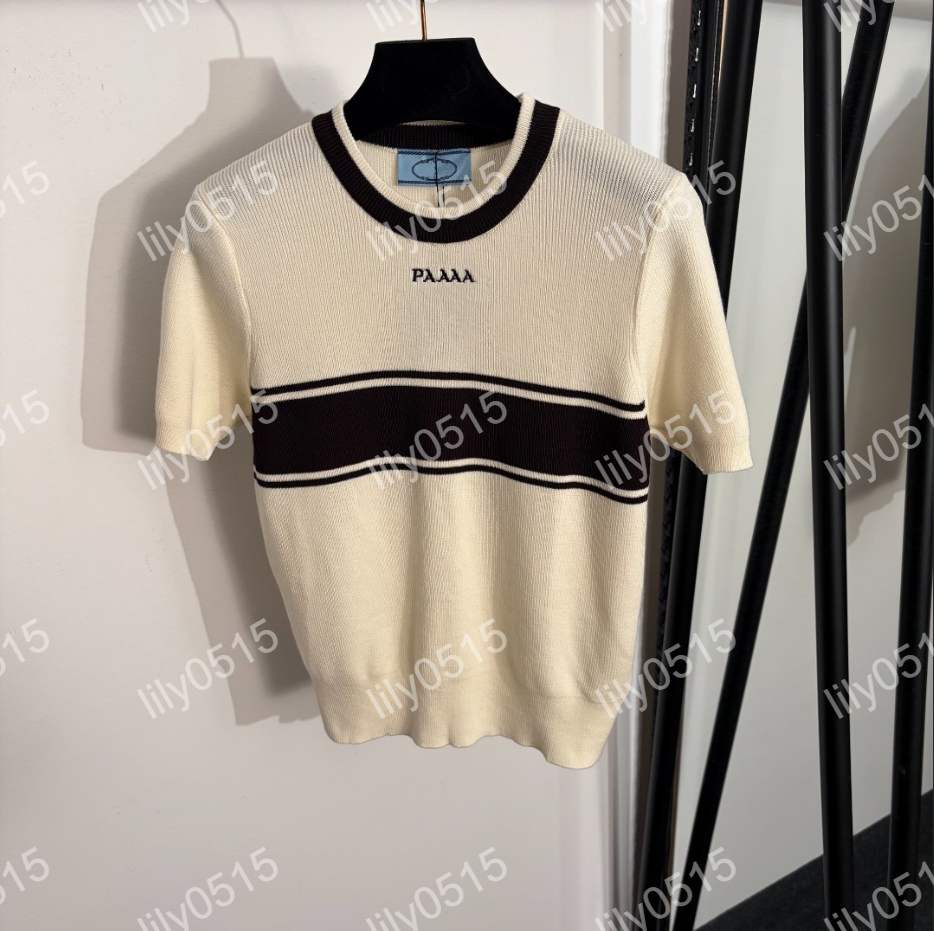 2026 High-end international trade tailored slimming new model embroidered letter color-block short-sleeved knitted shirt top