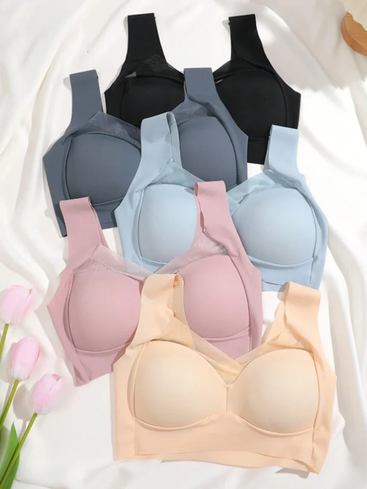 B144 Women's Plus Size Sexy Light Blue Wireless Middle Mold Cup Sport Bras - 3-Pack Seamless Triangle Bralettes, Lace Padless Tops - view 5