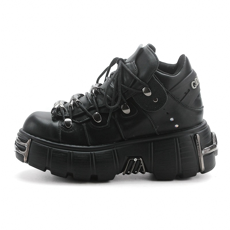 New 2026 NEW Style Women Lace-Up Heel Height 6Cm Platform Shoes Gothic Ankle Rock Boots Metal Decor Woman Sneakers 36-45