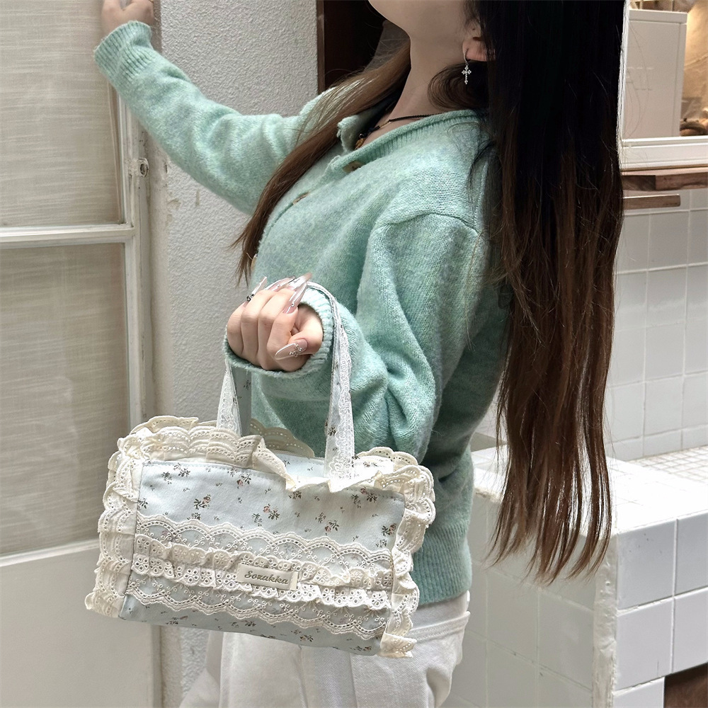 JIAERDI Sweet Lace Y2k Hand Bag Women Girls Bow Cute Canvas Bucket Bag Female Harajuku Fairycore Messenger Bag Bolso Mujer 240810